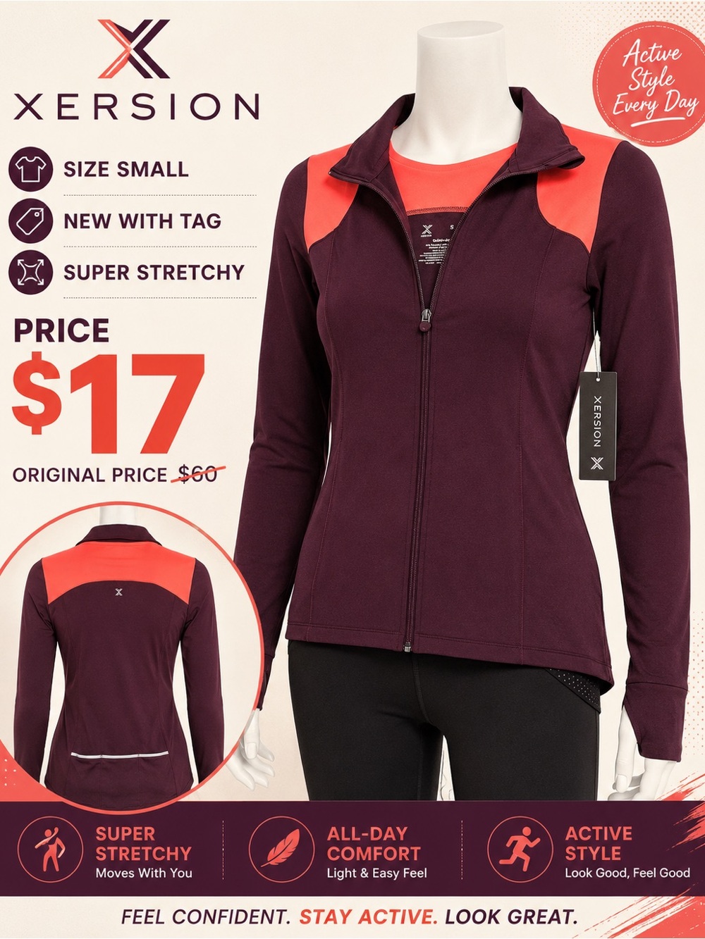 Xersion Women’s Full-Zip Utility Jacket — Plum with Coral Accents